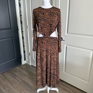 Anna Brown and Black Zebra Print Mesh Midi Cut-out Dress Size M